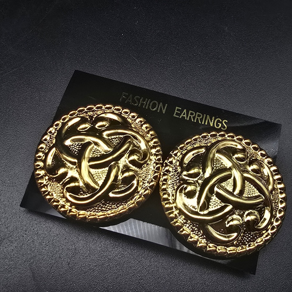 Gold Tone Medallion Clip On Earrings Celtic Knot Boho Vintage NOS NWT On Card